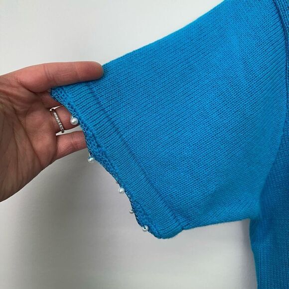 Storybook Knits Women’s Blue Short Sleeve White Lillies Floral Button Cardigan S - Picture 7 of 9